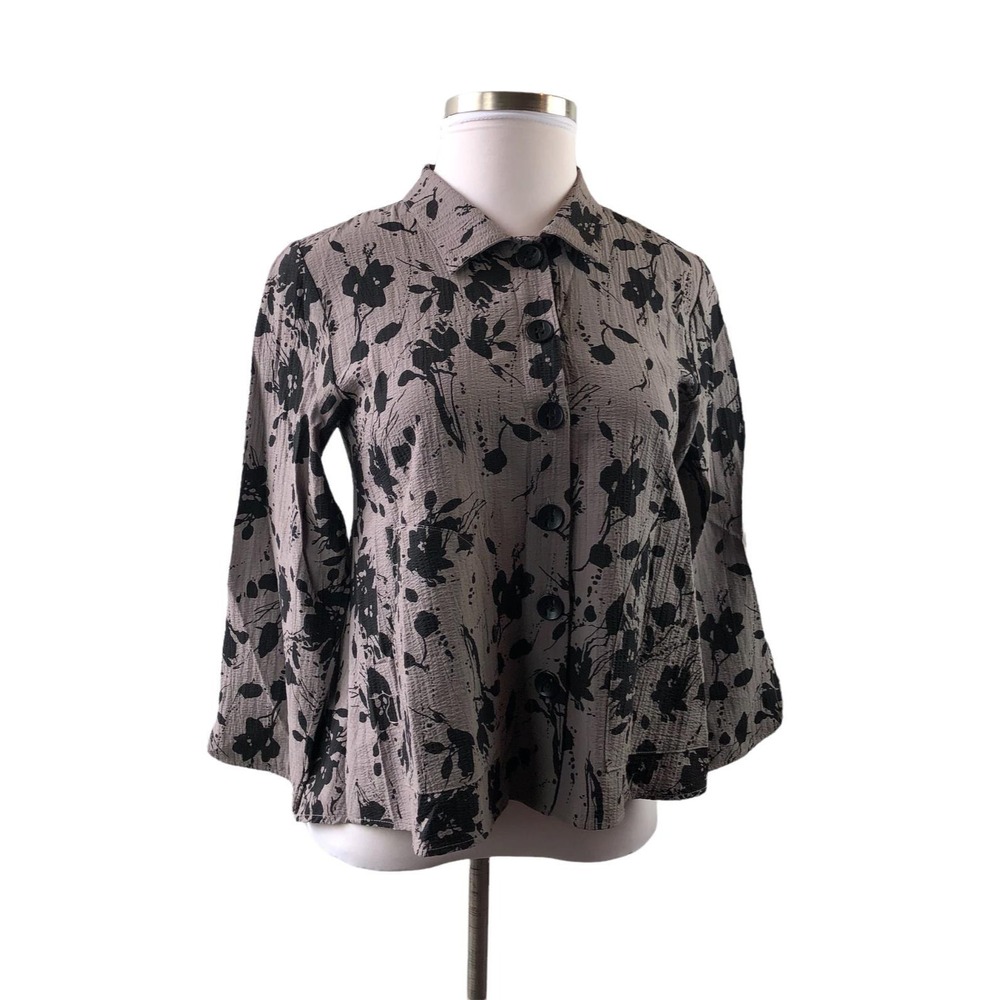 Habitat Floral Splatter Crinkle Textured Button Up Swing Top Taupe Black Small - Picture 12 of 12